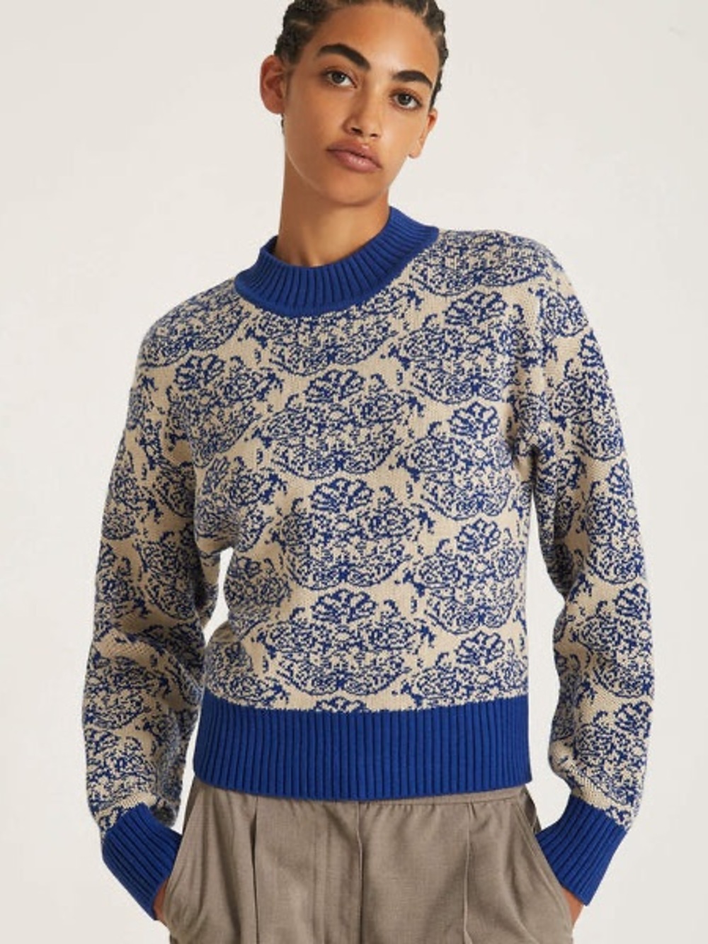 Blue and Cream Patterned Crewneck Sweater